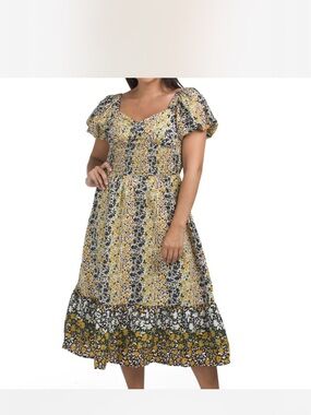 Yellow Floral Midi Dress with Puff Sleeves